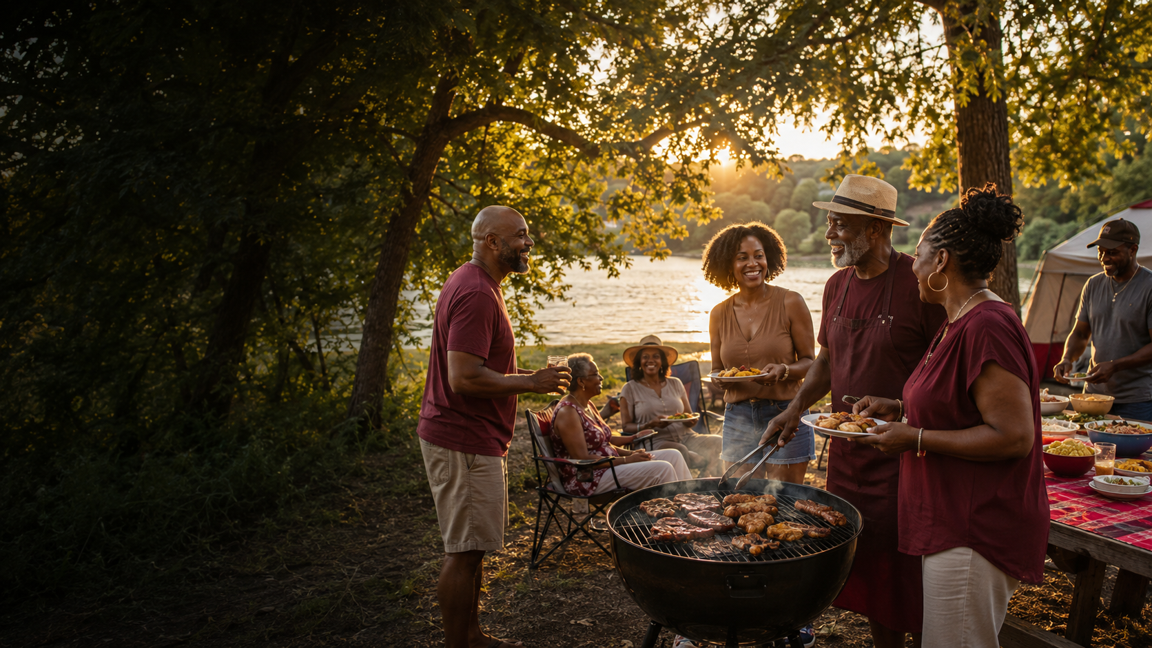 Black family and friends grilling together at a lakeside campsite in the golden evening light